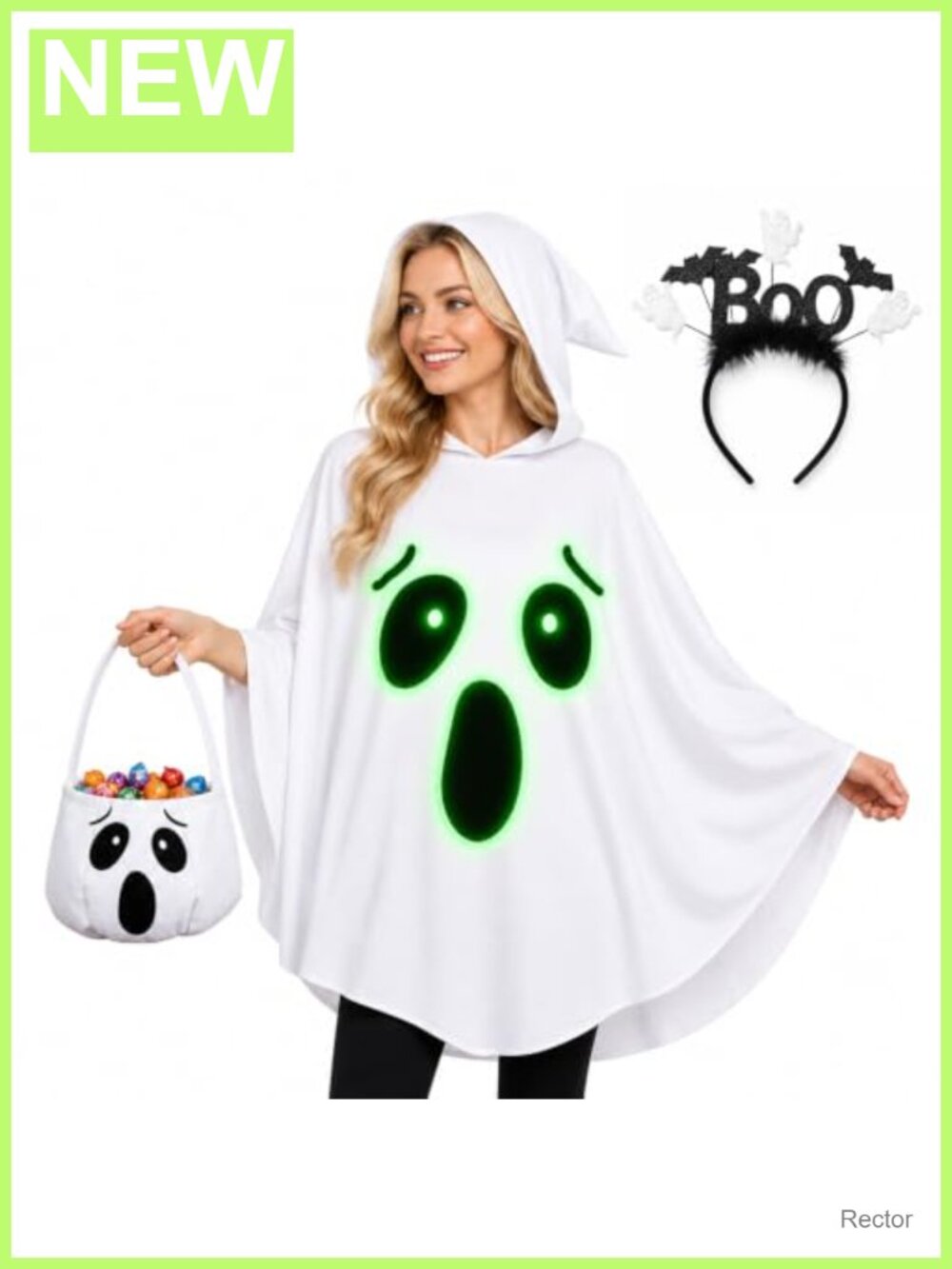 Glow in the Dark Ghost Costume Set with Headband and Candy Bag